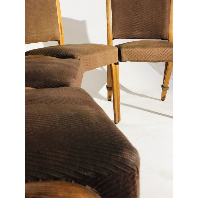 Serie von 4 Vintage Bow-wood Stühlen mit braunem Stoffbezug