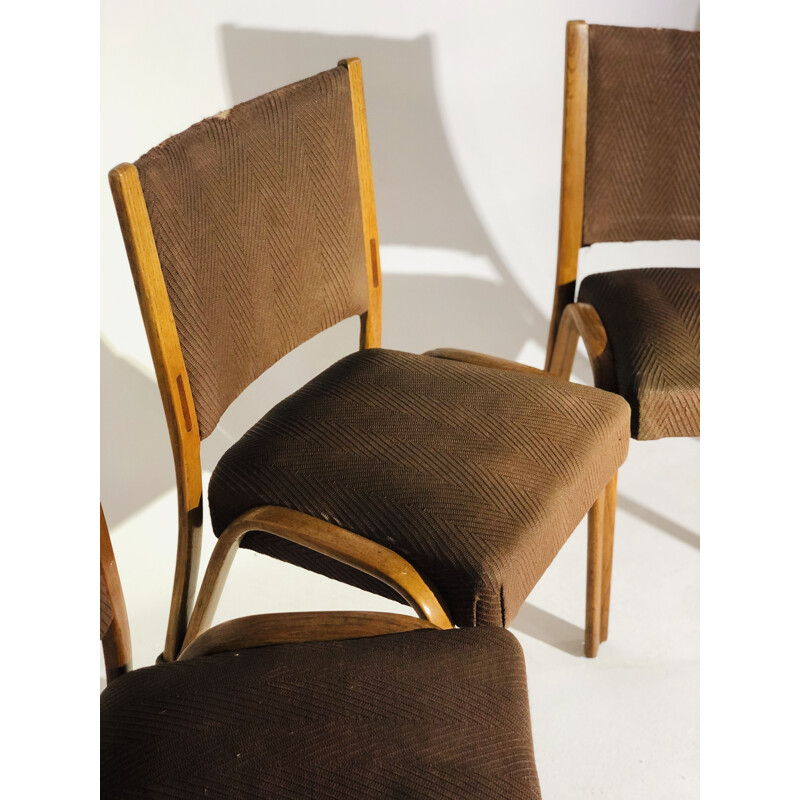 Set van 4 vintage Bow-houten stoelen in bruine stof