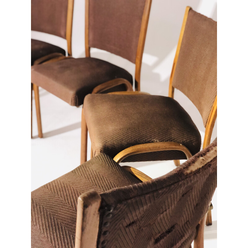Serie von 4 Vintage Bow-wood Stühlen mit braunem Stoffbezug