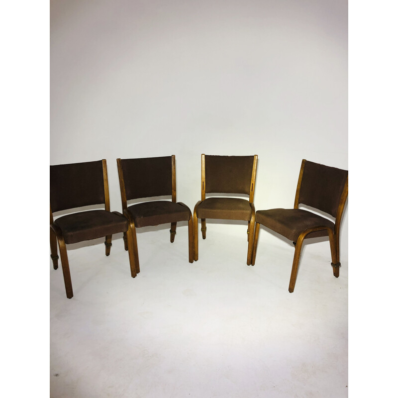Juego de 4 sillas vintage de madera Bow en tela marrón