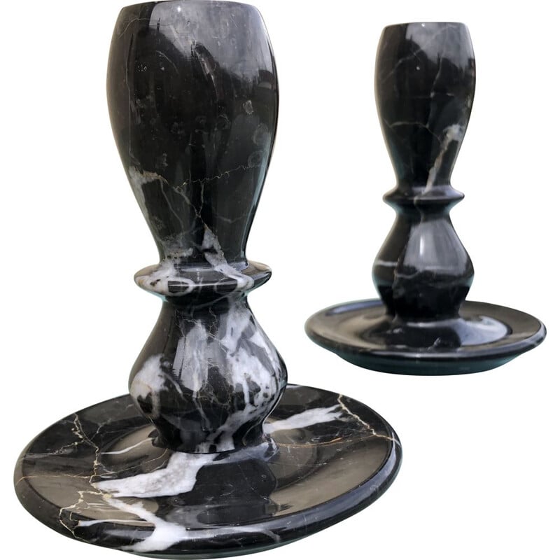 Pair of vintage black arabescato marble candlesticks 