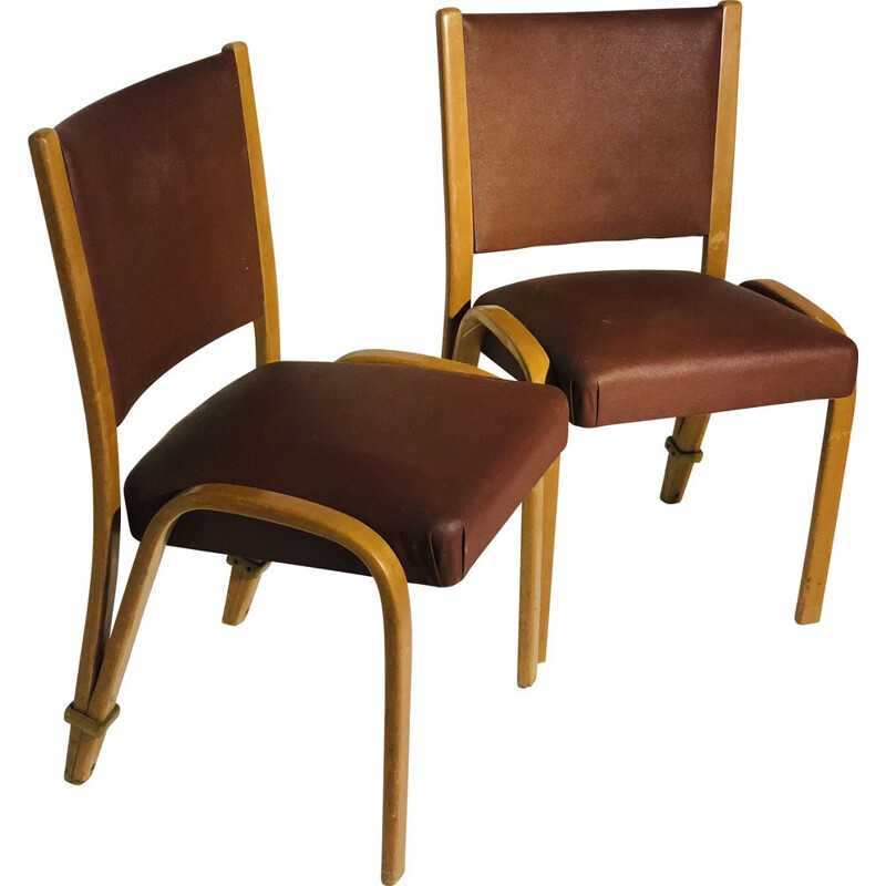 Pair of vintage Bow-wood chairs in skai