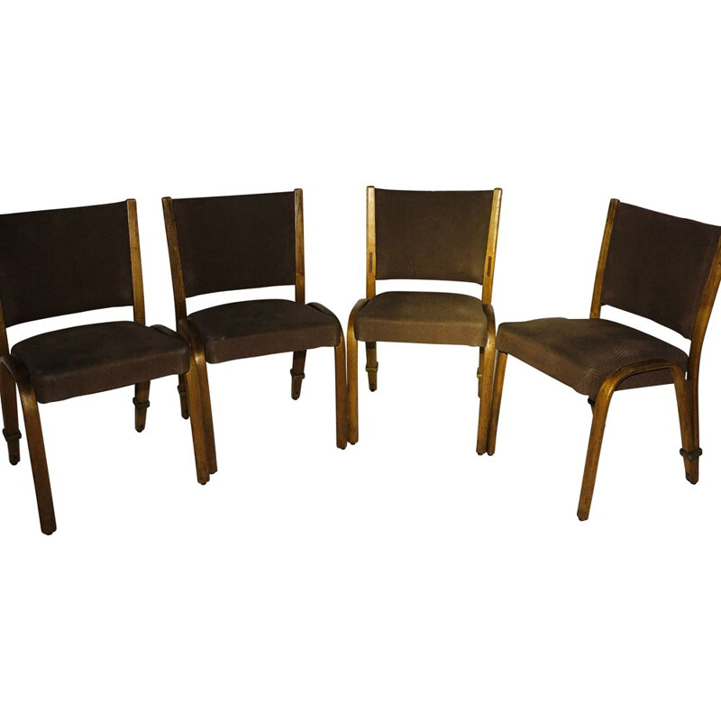 Set of 4 vintage Bow-wood chairs in brown fabric