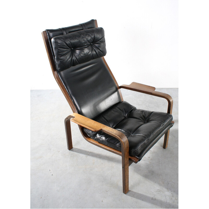 Pair of Swedese armchairs in black leather, Yngve EKSTROM - 1960s