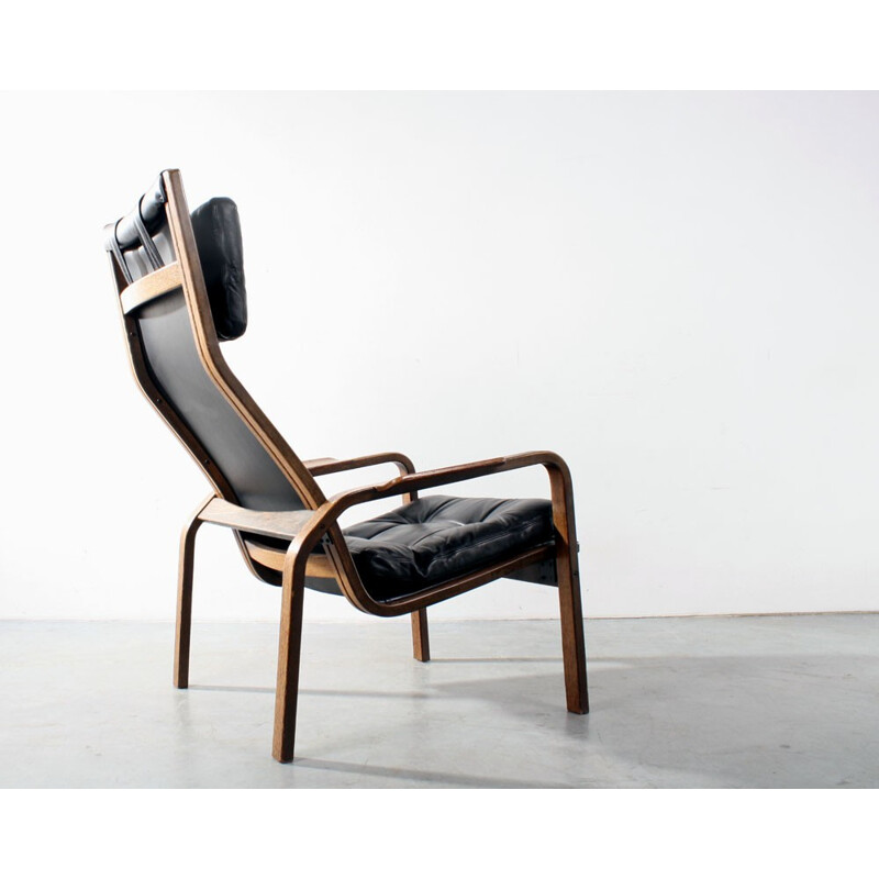 Pair of Swedese armchairs in black leather, Yngve EKSTROM - 1960s