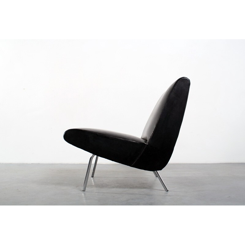 Vintage zwarte lederen fauteuil - 1960