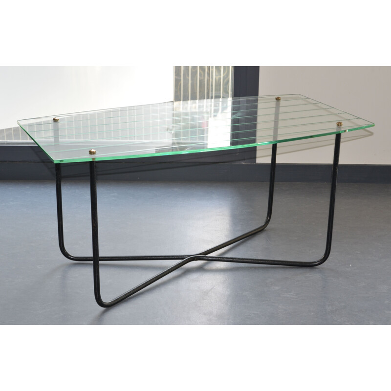 Table basse vintage en verre et métal, Jacques HITIER - 1950