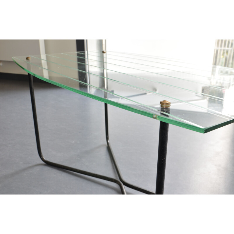 Vintage glass and metal coffee table, Jacques HITIER - 1950