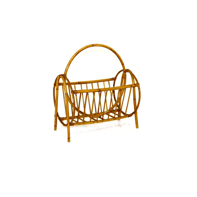 Vintage rattan magazine rack, Sweden 1950