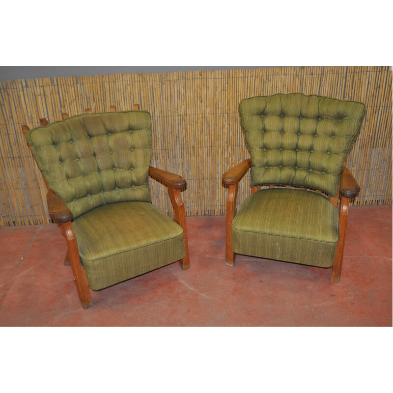 Circa pair of green armchair in oak, GUILLERME & CHAMBRON - 1950s