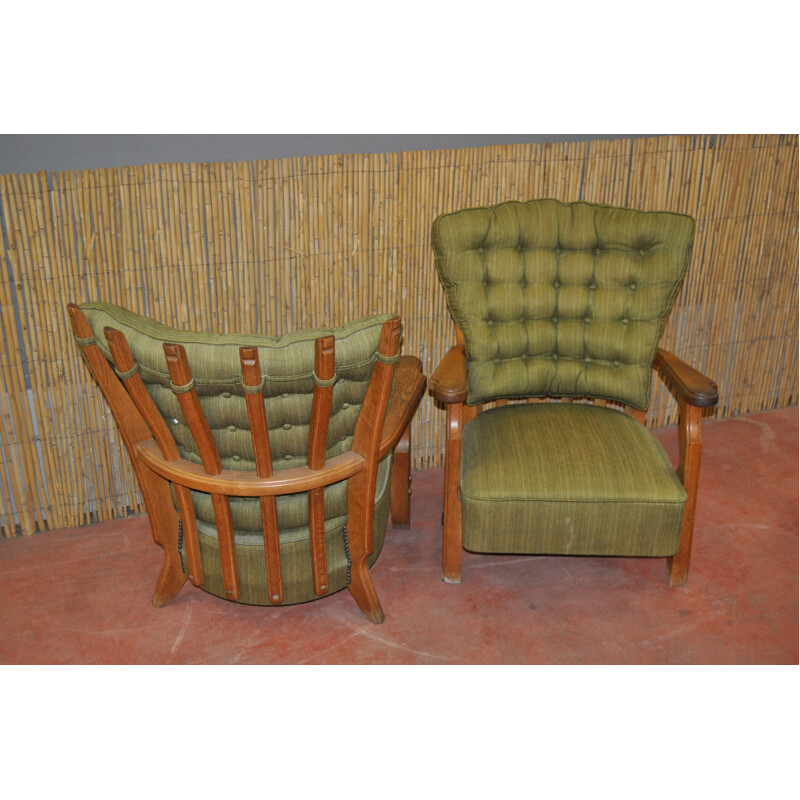 Circa pair of green armchair in oak, GUILLERME & CHAMBRON - 1950s