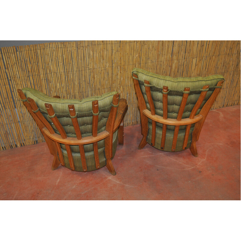 Circa pair of green armchair in oak, GUILLERME & CHAMBRON - 1950s