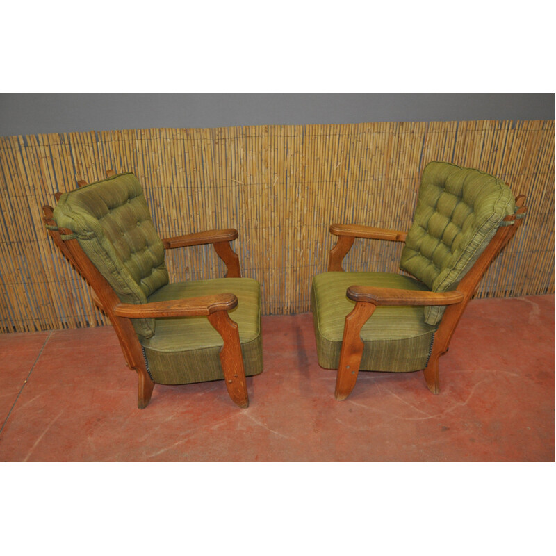 Circa pair of green armchair in oak, GUILLERME & CHAMBRON - 1950s