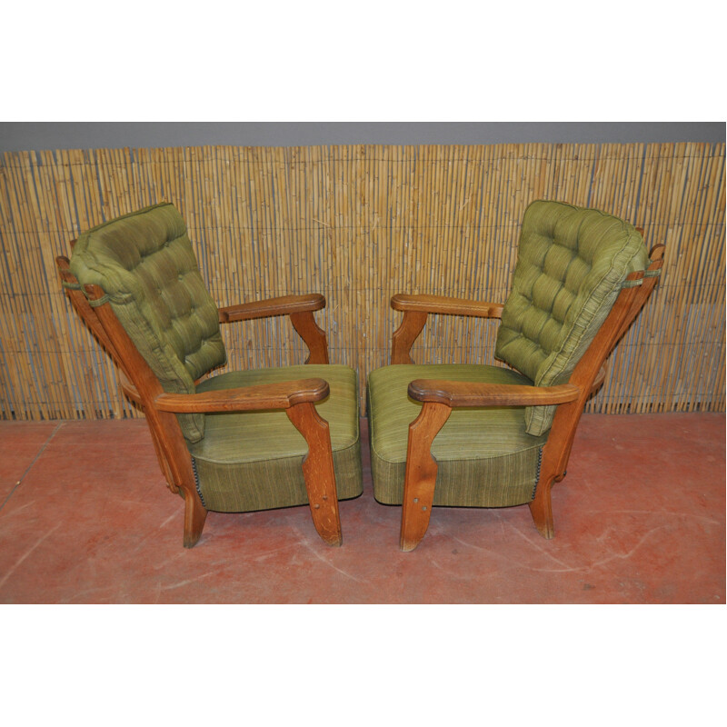 Circa pair of green armchair in oak, GUILLERME & CHAMBRON - 1950s