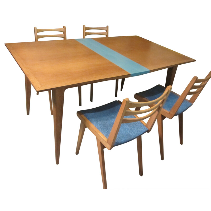 Set of 4 chairs and a table in blond wood 1960s