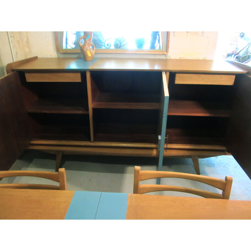 Set of 4 chairs and a table in blond wood 1960s