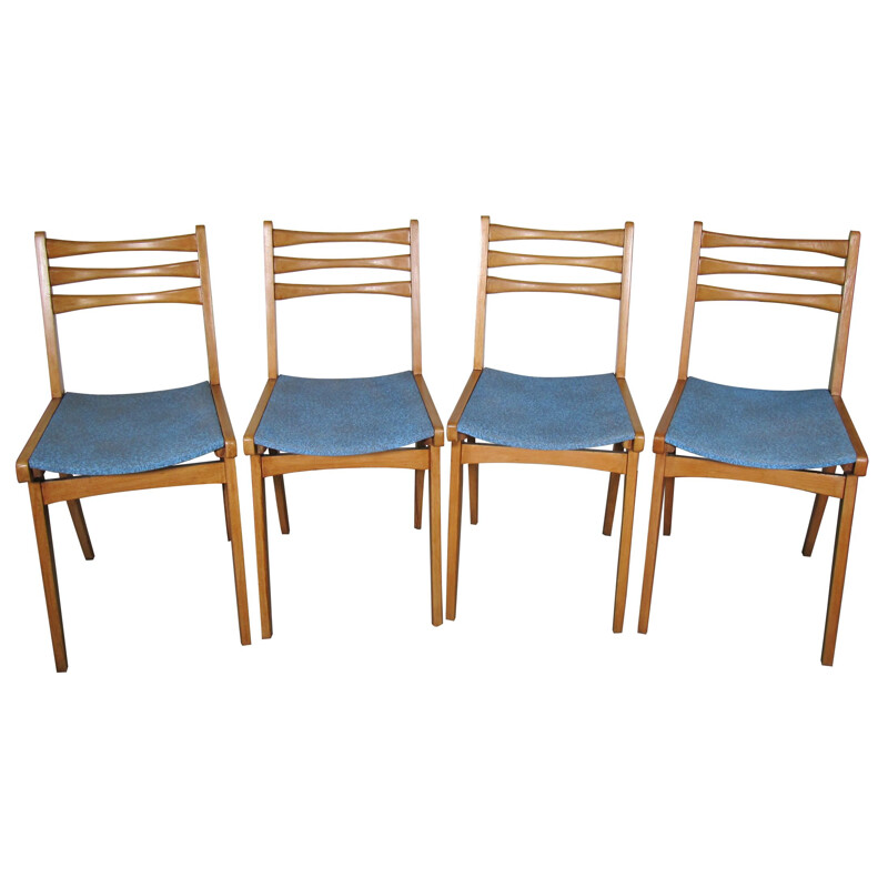 Set of 4 chairs and a table in blond wood 1960s
