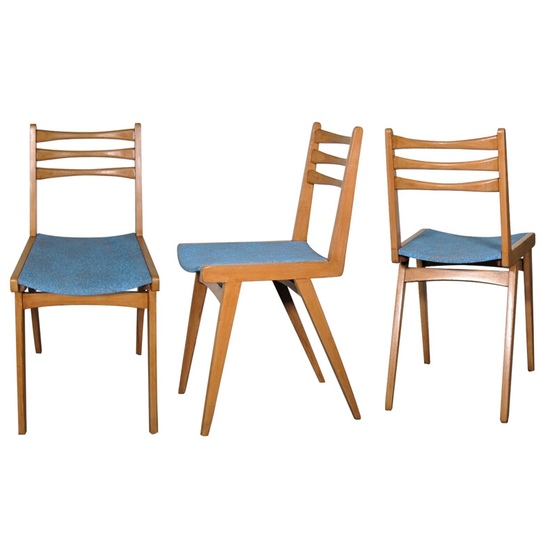 Ensemble de 4 chaises et une table en bois blond 1960