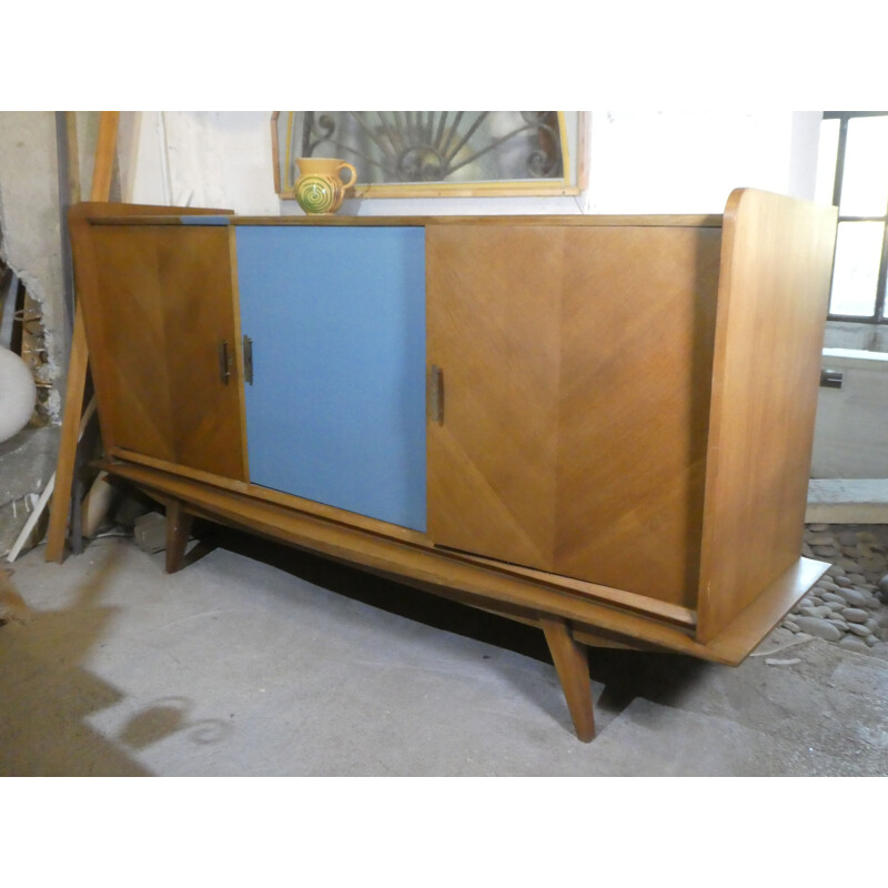 Set of 4 chairs and a table in blond wood 1960s