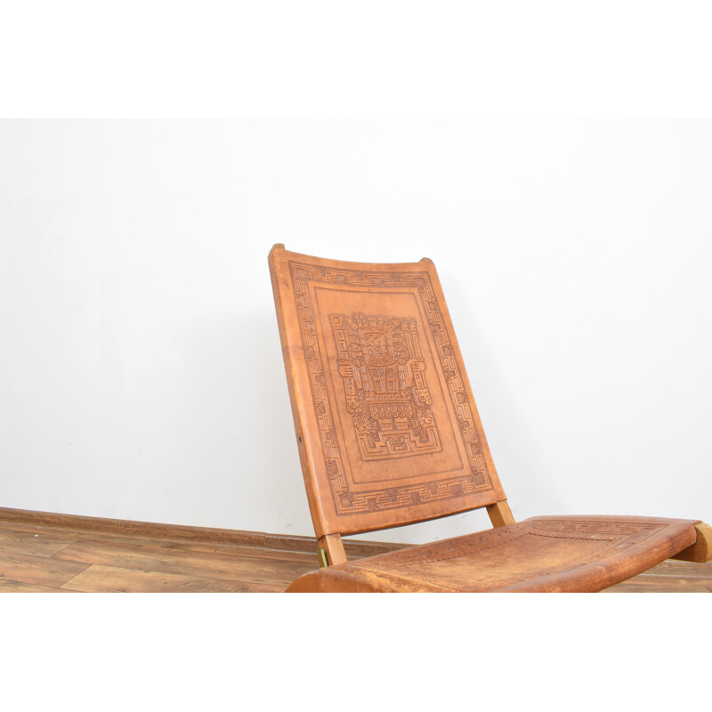 Chaise longue vintage in teak e pelle di A. Pamino 1960