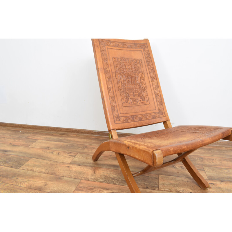 Chaise longue vintage de teca y cuero de A. Pamino 1960