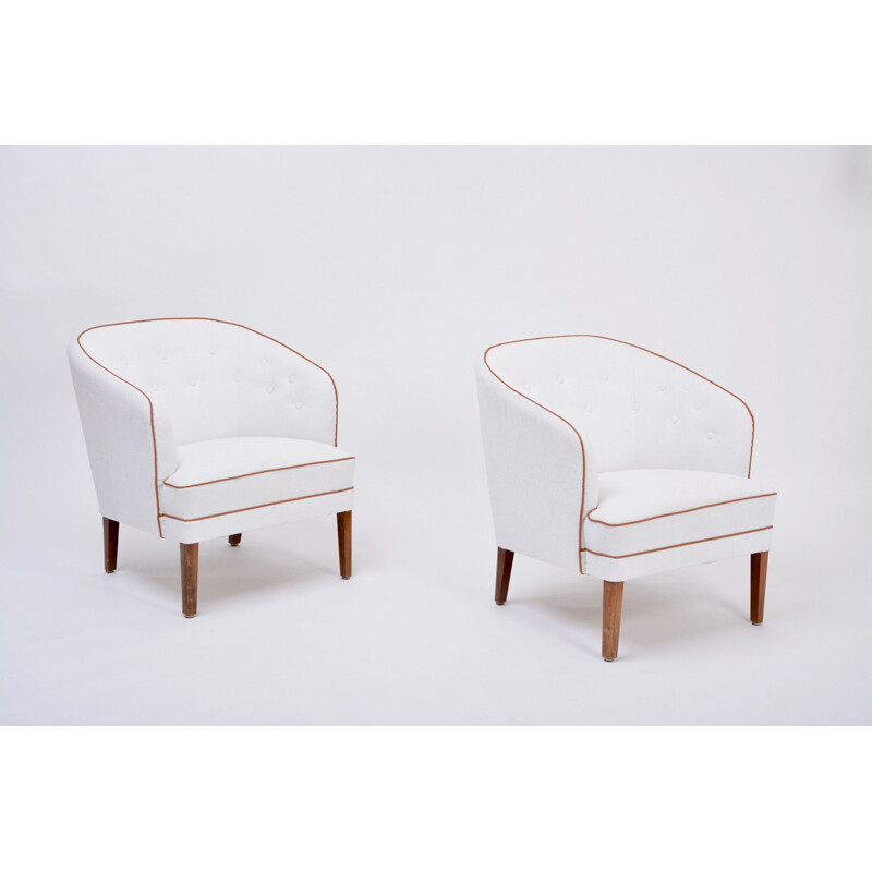 Pareja de sillones vintage retapizados en blanco por Ludvig Pontoppidan, Dinamarca 1960