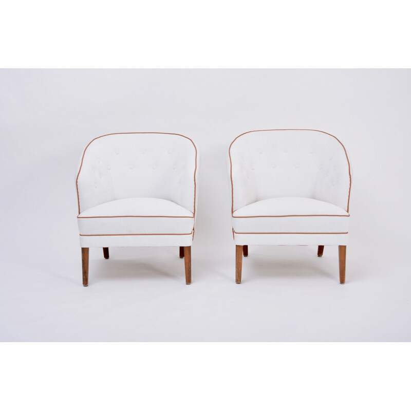 Pareja de sillones vintage retapizados en blanco por Ludvig Pontoppidan, Dinamarca 1960