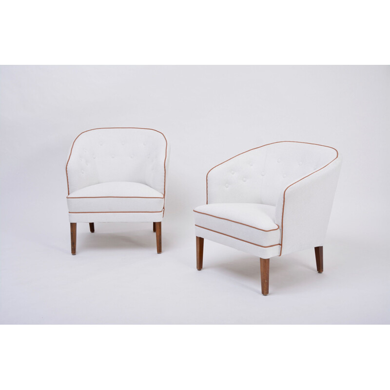 Paar vintage fauteuils opnieuw bekleed in wit door Ludvig Pontoppidan, Denemarken 1960