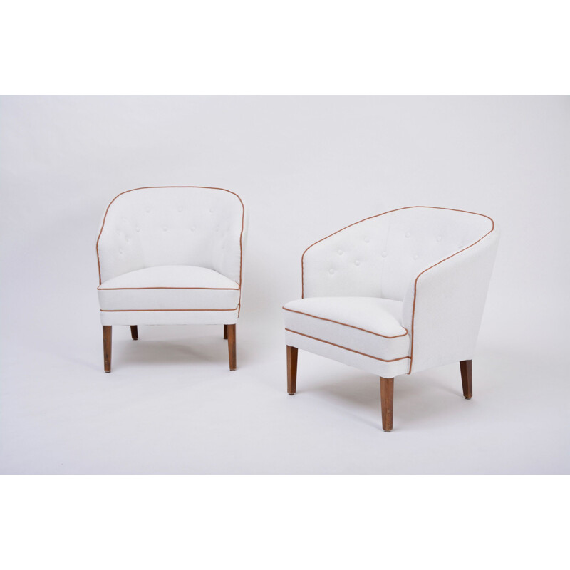 Pareja de sillones vintage retapizados en blanco por Ludvig Pontoppidan, Dinamarca 1960