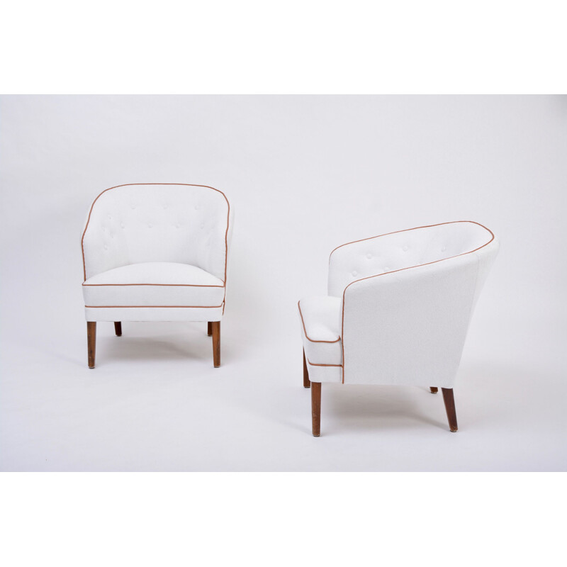 Pareja de sillones vintage retapizados en blanco por Ludvig Pontoppidan, Dinamarca 1960