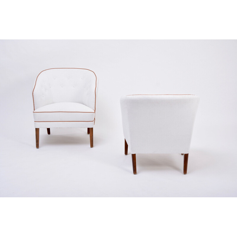 Pareja de sillones vintage retapizados en blanco por Ludvig Pontoppidan, Dinamarca 1960