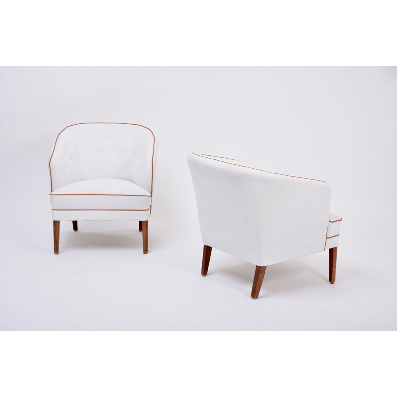 Pareja de sillones vintage retapizados en blanco por Ludvig Pontoppidan, Dinamarca 1960