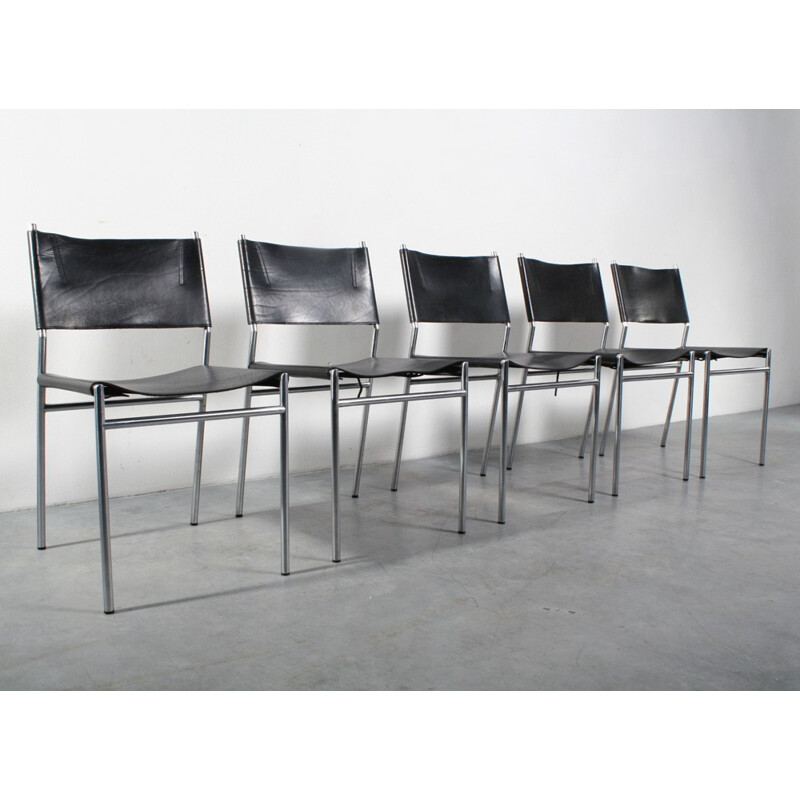 Suite de cinq chaises t'Spectrum en cuir marron foncé, Martin VISSER - 1960s