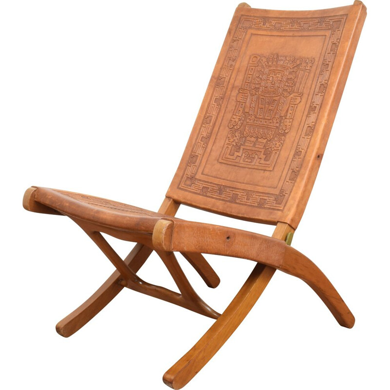 Chaise longue vintage de teca y cuero de A. Pamino 1960
