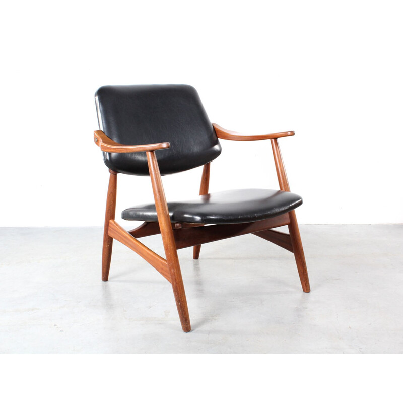 Wébé armchair in wood and black leatherette, Louis VAN TEEFFELEN - 1950s