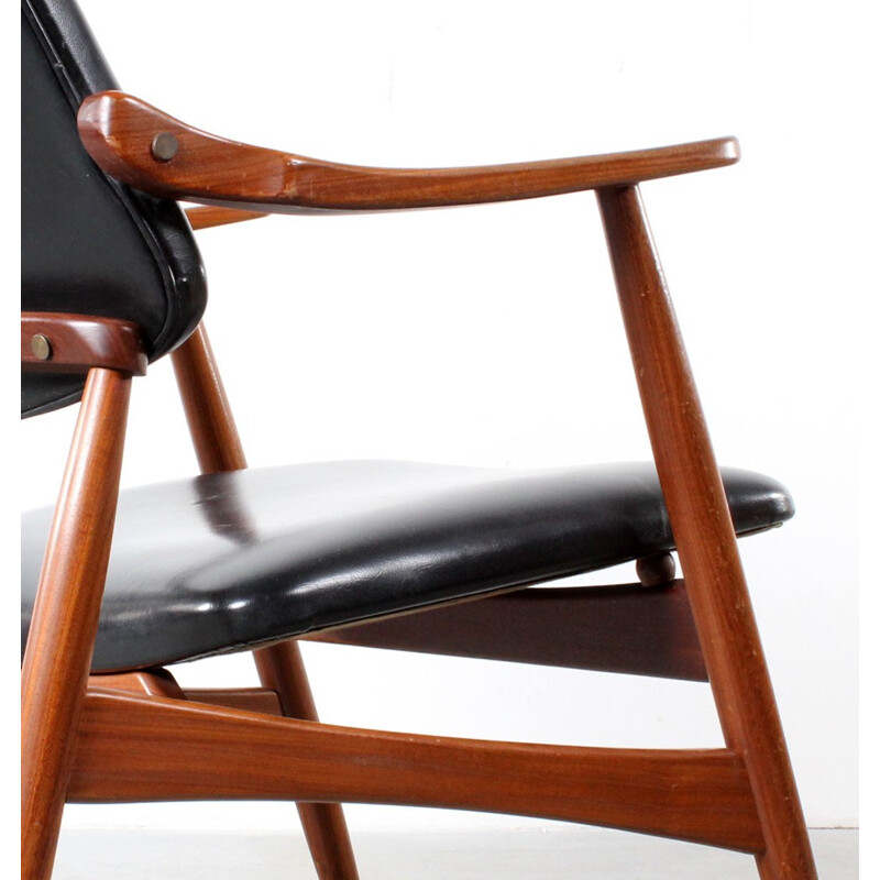 Wébé armchair in wood and black leatherette, Louis VAN TEEFFELEN - 1950s