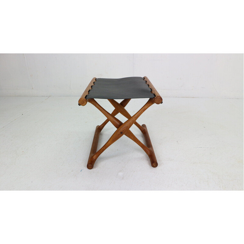 Vintage leather black and teak stool Denmark 1950s