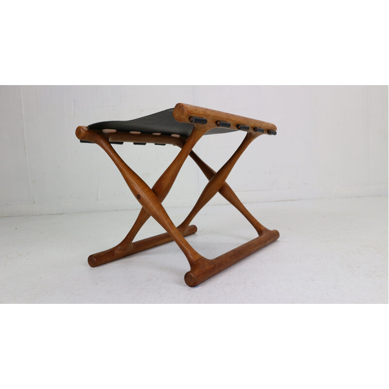 Vintage leather black and teak stool Denmark 1950s