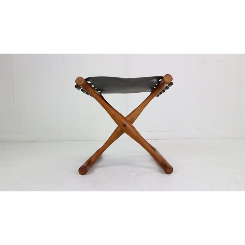 Vintage leather black and teak stool Denmark 1950s