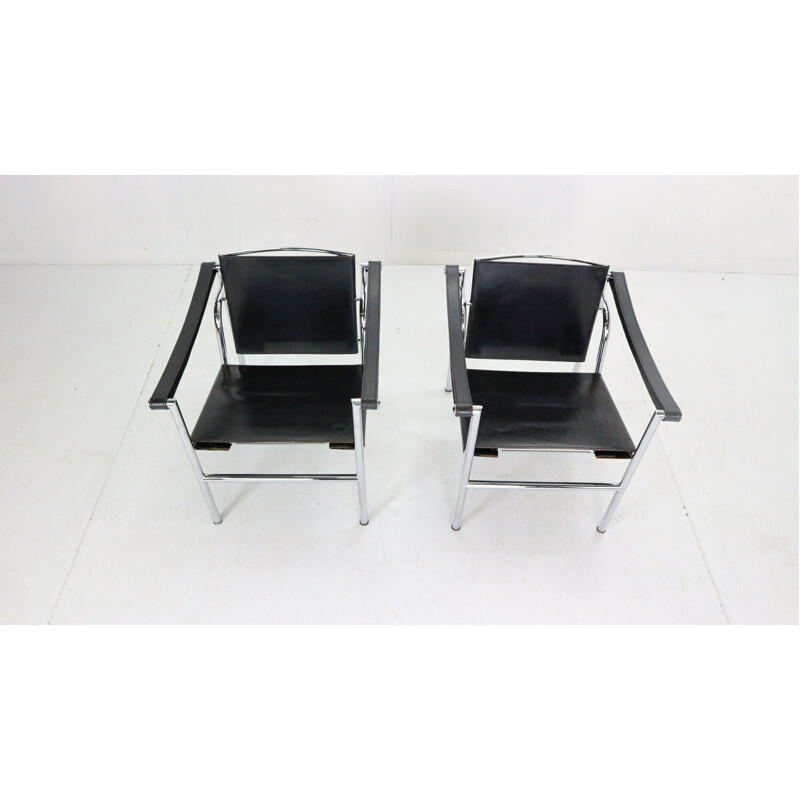 Pair of vintage LC1 black leather armchairs, Le Corbusier for Cassina 1970s