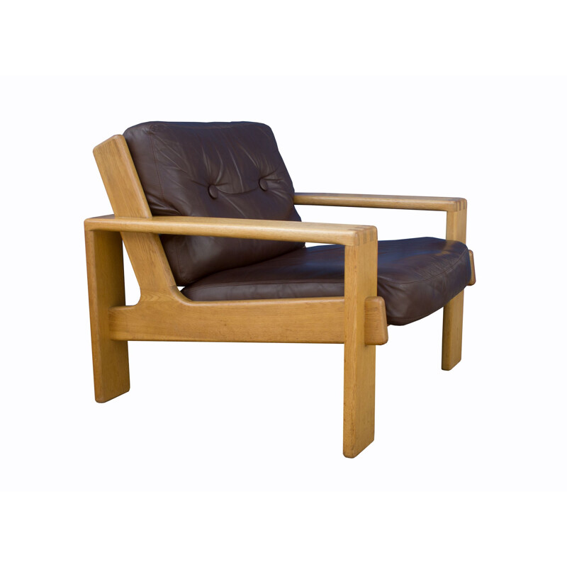 Fauteuil vintage Bonanza  en chêne et cuir Esko Pajamies pour Asko Finlande 1970