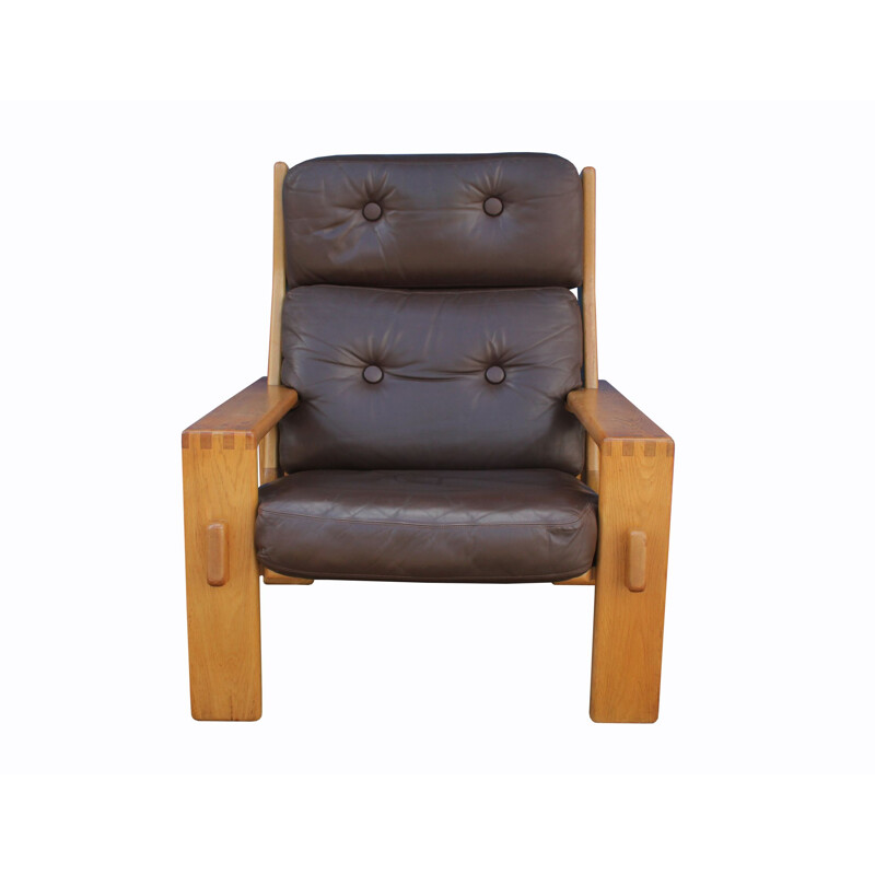 Vintage solid oak and leather armchair by Esko Pajamies for Asko Finland 1970s