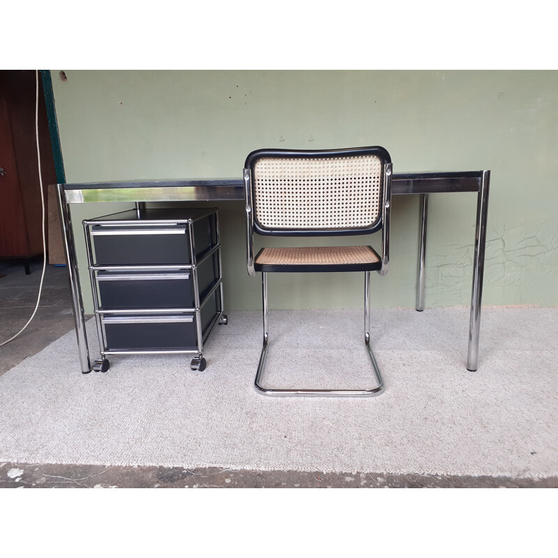 Vintage wooden desk in lacquered wood and chrome 1970s