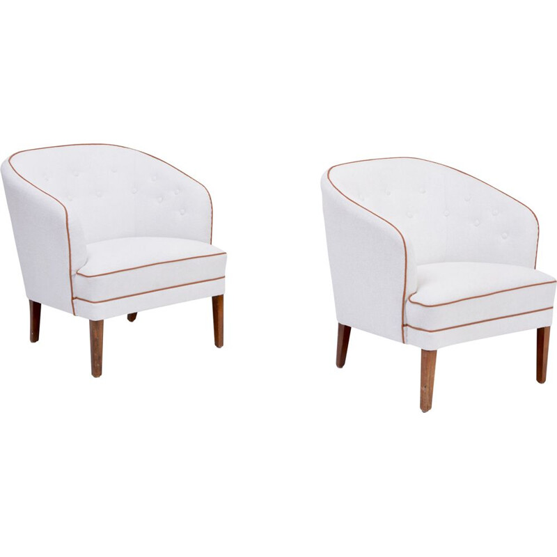 Pair of vintage armchairs reupholstered in white by Ludvig Pontoppidan, Denmark 1960