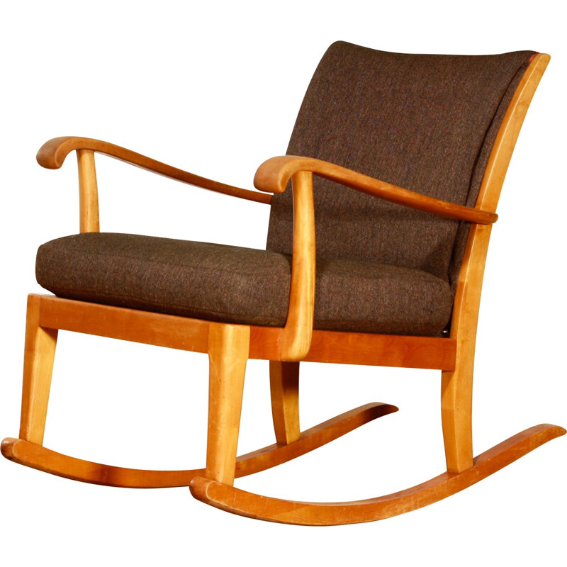 Rocking Chair in beech and brown wool - 1950s