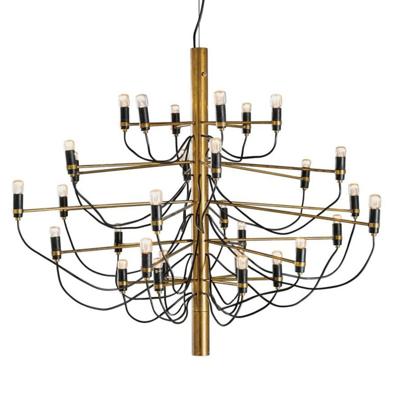 Vintage chandelier in chromed and gilded brass by Gino Sarfatti 1970s