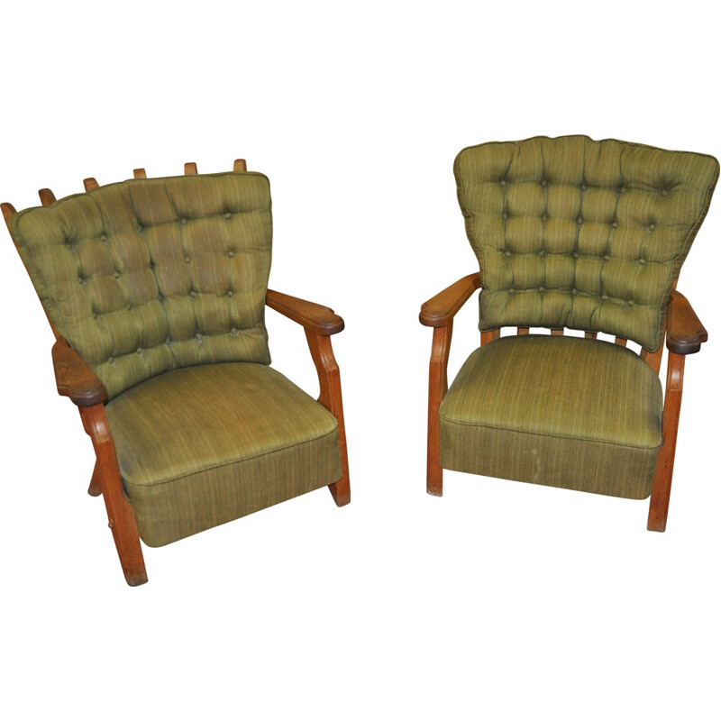 Circa pair of green armchair in oak, GUILLERME & CHAMBRON - 1950s