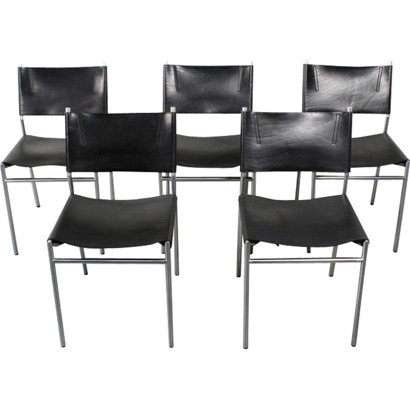 Suite de cinq chaises t'Spectrum en cuir marron foncé, Martin VISSER - 1960s