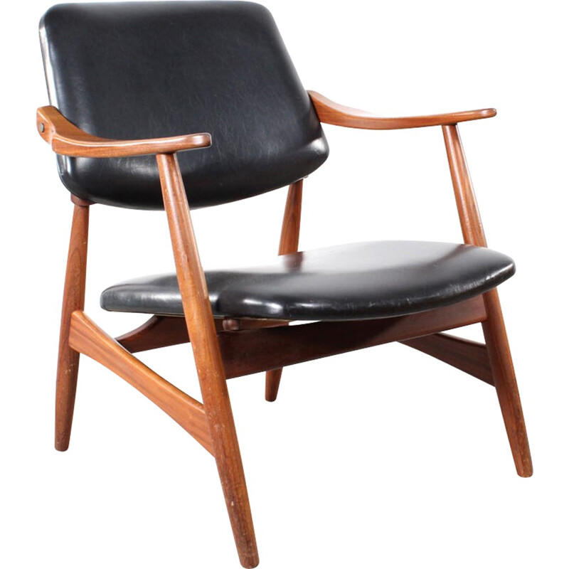 Wébé armchair in wood and black leatherette, Louis VAN TEEFFELEN - 1950s