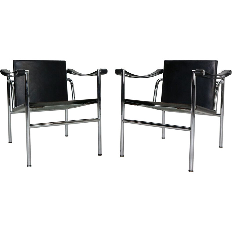Pair of vintage LC1 black leather armchairs, Le Corbusier for Cassina 1970s